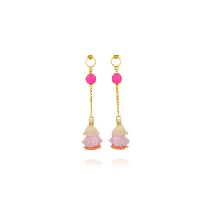 Σκουλαρίκια-καρφάκια με πέτρες και φουντάκια σε ροζ αποχρώσεις (gold-plated)