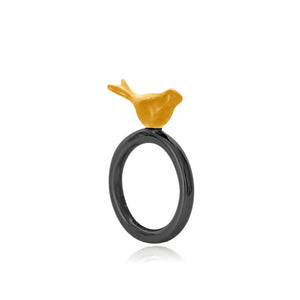 Χειροποίητο δαχτυλίδι - πουλάκι από επιχρυσωμένο και οξειδωμένο ασήμι 