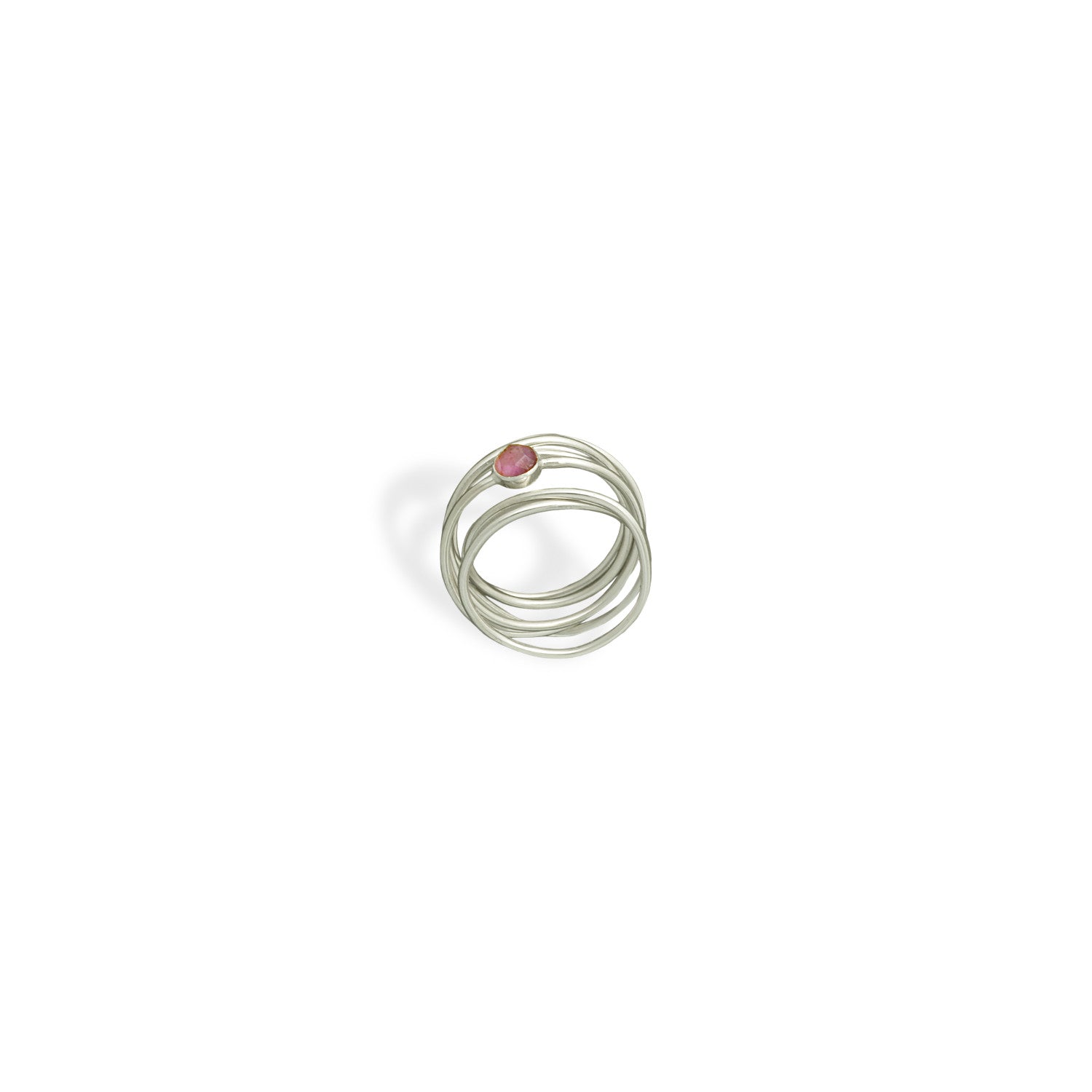 Χειροποίητο δαχτυλίδι από ασημένια σύρματα με στρόγγυλη ημιπολύτιμη πέτρα (Ροδολίτης) Νο2